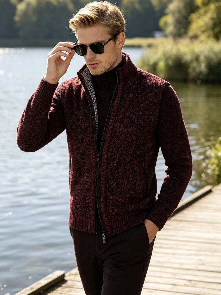 Men'S Stand Collar Zip-Up Vest, Thick Warm Sleeveless Sweater Waistcoat Gilet, Casual Fall Winter Outerwear Sleeveless Cardigan for Daily Commute Outdoor Street Wear - Burgundy