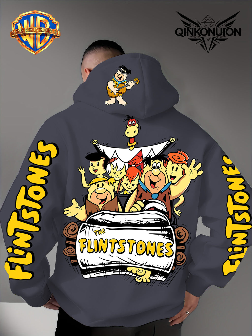 Warner Official Men's Hoodie, Stone Age Family Travel Happy Nostalgic Print Design, Machine Washable, Warm and Casual for Autumn and Winter Daily Drawstring Hoodie, Multi Functional Sports and Leisure Loose Fit - Dark Gray