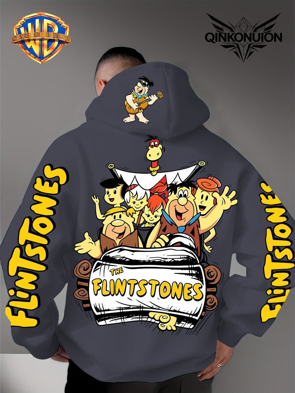 Warner Official Men's Hoodie, Stone Age Family Travel Happy Nostalgic Print Design, Machine Washable, Warm and Casual for Autumn and Winter Daily Drawstring Hoodie, Multi Functional Sports and Leisure Loose Fit - Dark Gray