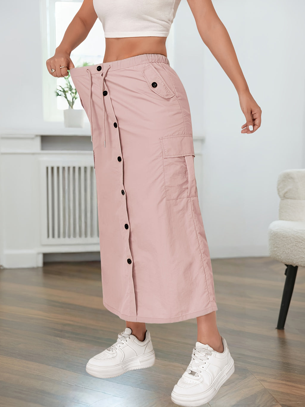 American-style Quick-Dry Women's Multi-Pocket Workwear Skirt with Button Placket, Casual High-Waist Commuter Midi Skirt - Pink