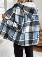 Women'S Casual Plaid Fleece Lined Hooded Regular Jacket, Napped Plaid Fleece-Lined Women'S Top, Hooded Shirt - Blue