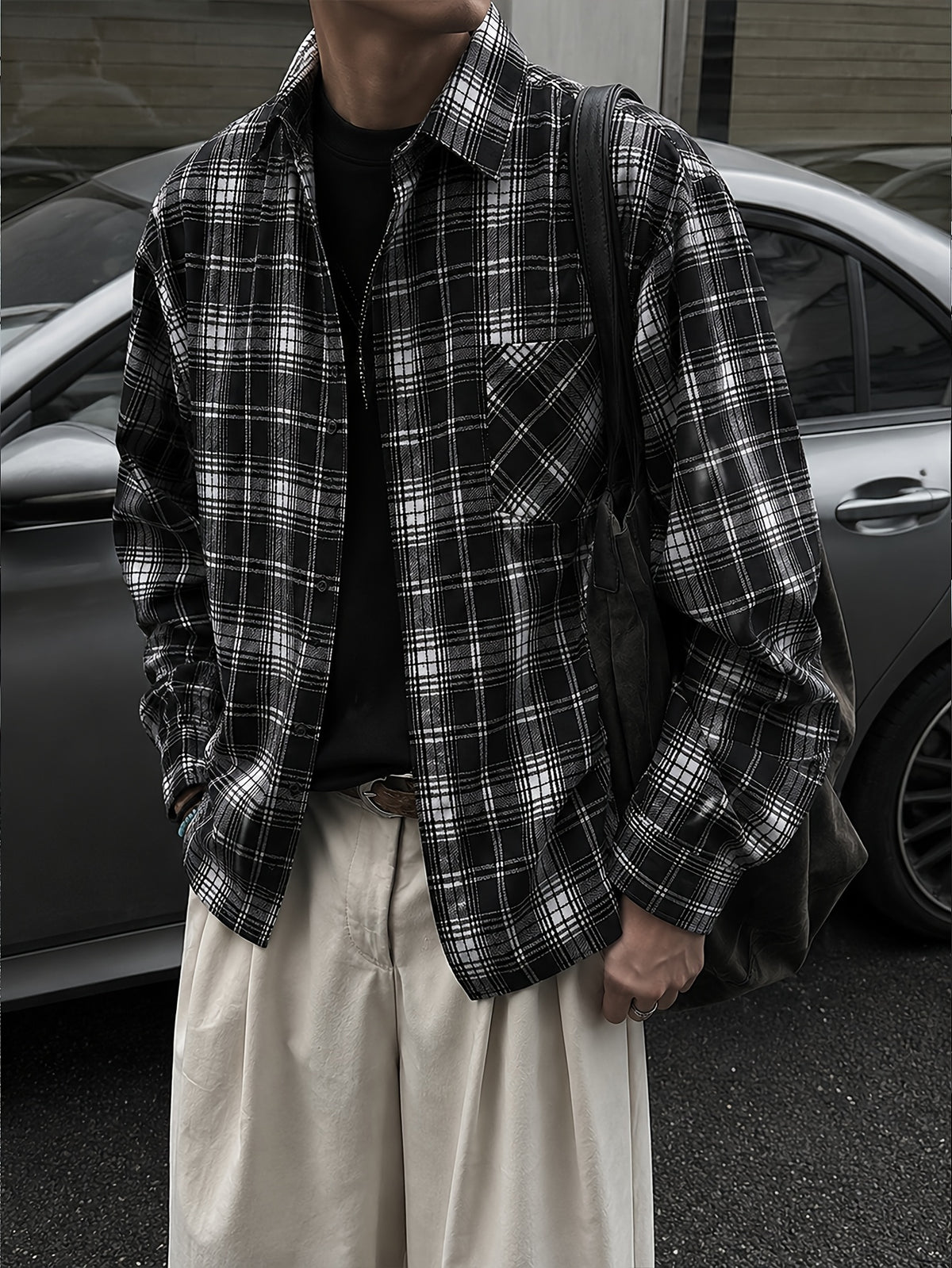 Men'S Vintage Plaid Long Sleeve Shirt, Loose Casual Button-Up Jacket Style Overshirt, Japanese Trendy Brand Lapel Checkered Shirt, Suitable for Outdoor Daily Wear in Spring, Autumn, And Winter - Black