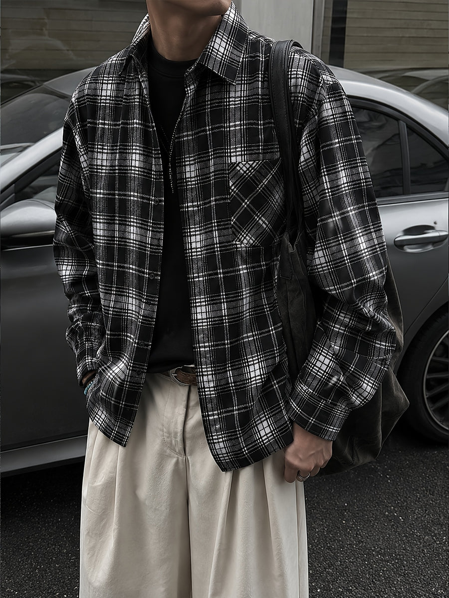 Men'S Vintage Plaid Long Sleeve Shirt, Loose Casual Button-Up Jacket Style Overshirt, Japanese Trendy Brand Lapel Checkered Shirt, Suitable for Outdoor Daily Wear in Spring, Autumn, And Winter - Black