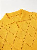 Men's Polo Collar Short Sleeve Knit Shirt, Textured Knit Top, V-Neck Lapel, Breathable Casual Pullover - Yellowish-brown