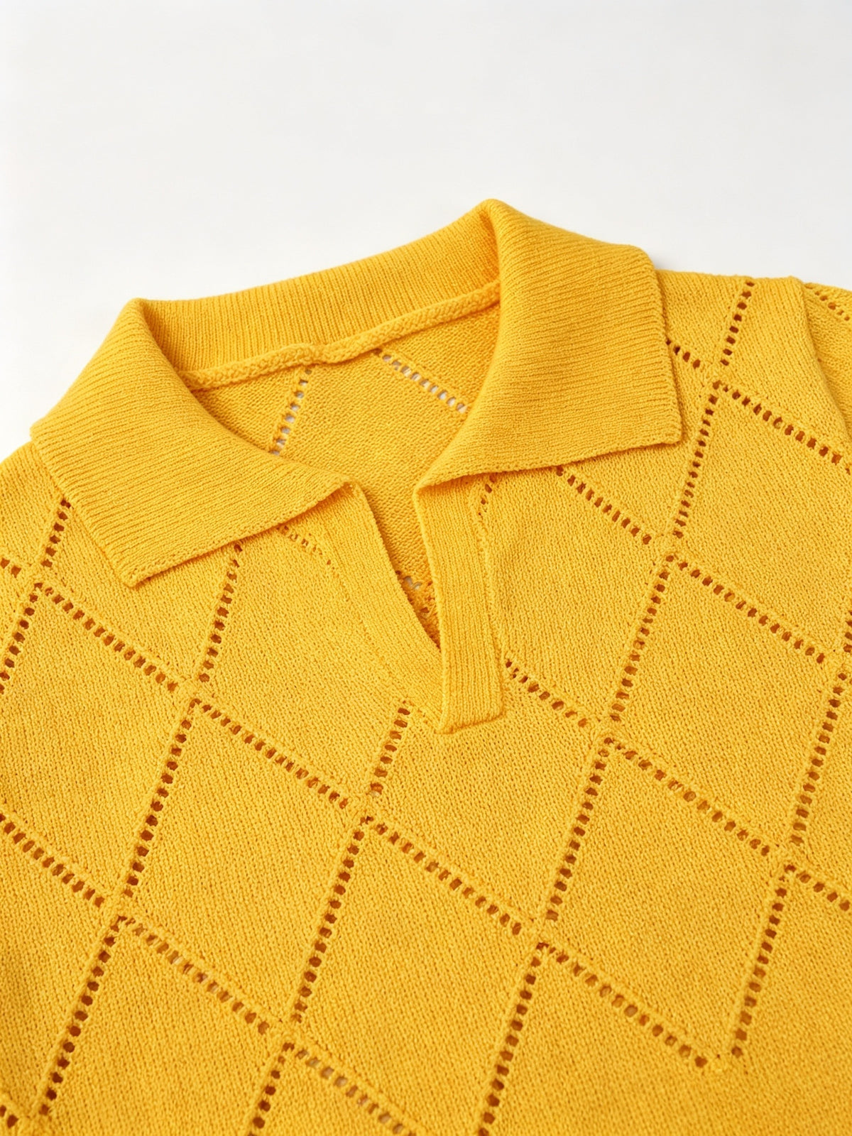 Men's Polo Collar Short Sleeve Knit Shirt, Textured Knit Top, V-Neck Lapel, Breathable Casual Pullover - Yellowish-brown