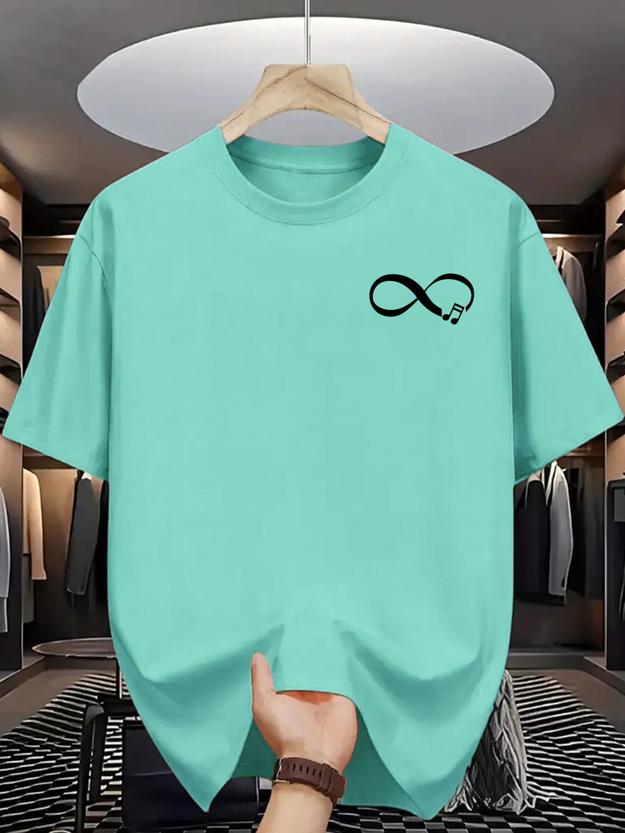Men'S Casual Summer T-Shirt with Stylish Infinity Symbol & Heartbeat Print - Breathable Polyester, Crew Neck, Short Sleeve, Regular Fit - Perfect for Casual Attire - Light Cyan