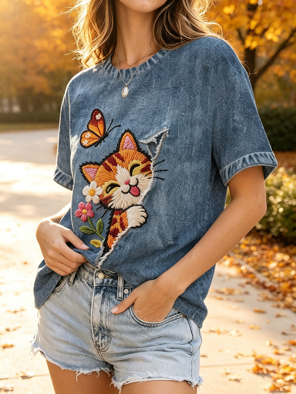 [Printed Pants - Not Denim Fabric] 2026 Summer/Autumn New Standard Size Women's Imitation Denim Faux Embroidery Cat Print Short Sleeve T-Shirt, Soft and Cute Casual Style, Suitable for Home, Leisure, and Commuting in Multiple Scenarios - Mixed colors