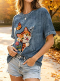 [Printed Pants - Not Denim Fabric] 2026 Summer/Autumn New Standard Size Women's Imitation Denim Faux Embroidery Cat Print Short Sleeve T-Shirt, Soft and Cute Casual Style, Suitable for Home, Leisure, and Commuting in Multiple Scenarios - Mixed colors