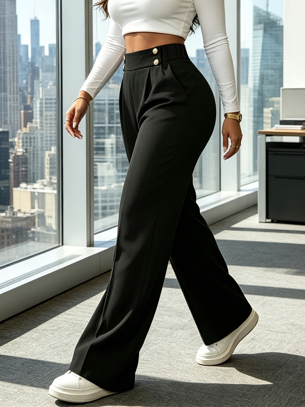 Women'S Straight-Leg Wide-Leg Work Pants, High-Waisted Stretch Double-Button Long Trousers, Business Casual Pants with Pockets - Black