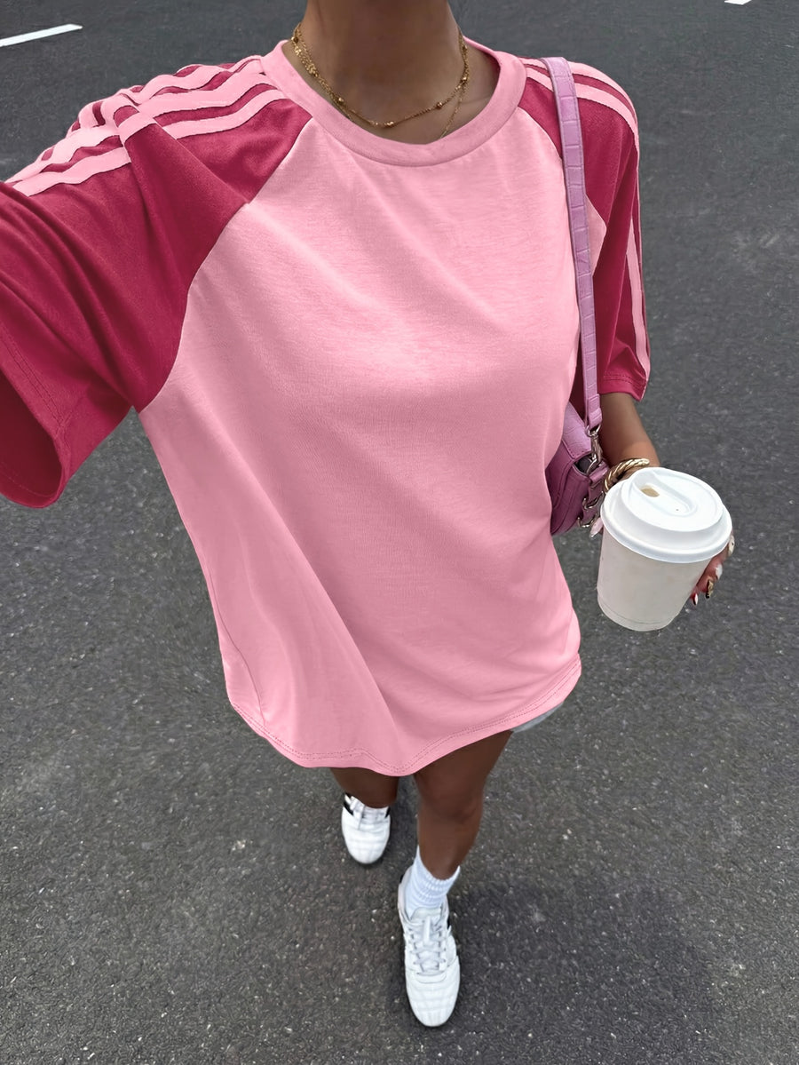Women'S Striped Contrast Off-Shoulder Loose Casual Round Neck T-Shirt, Summer - Rose Red