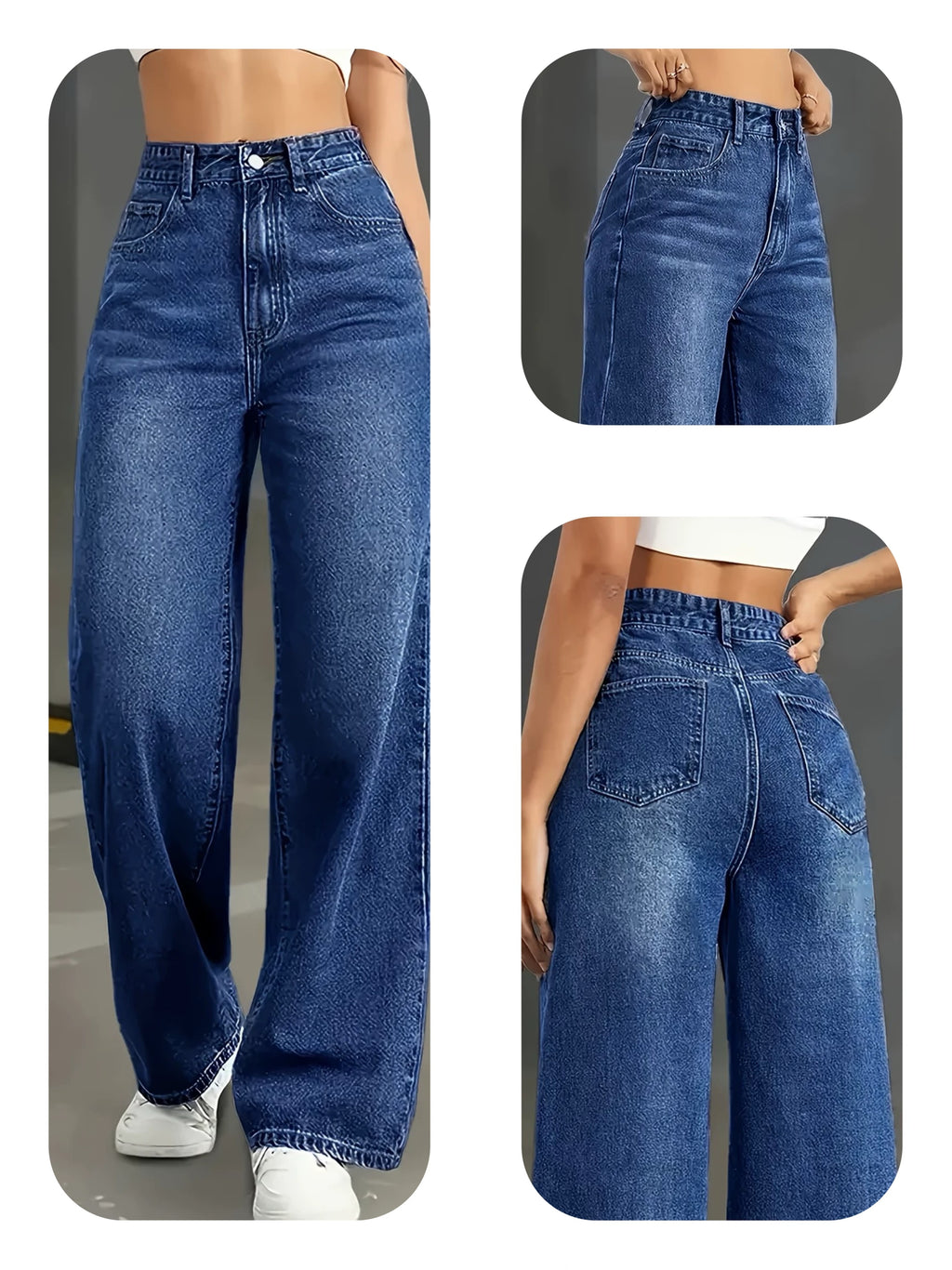 Women's casual high-waisted straight-leg jeans. - Dark Blue