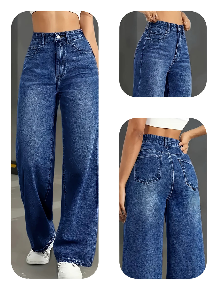 Women's casual high-waisted straight-leg jeans. - Dark Blue