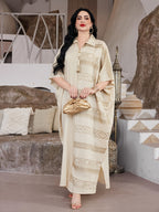 Targeted Heavy Industry Golden Silvery Embroidered Arabic Women'S Dress, 2026 Summer Autumn Style Women'S Holiday Party Attire, Jalabiya Ruffled Lapel Batwing Sleeve Hem Slit Square Asymmetrical Geometric Atmospheric Black Robe - Apricot