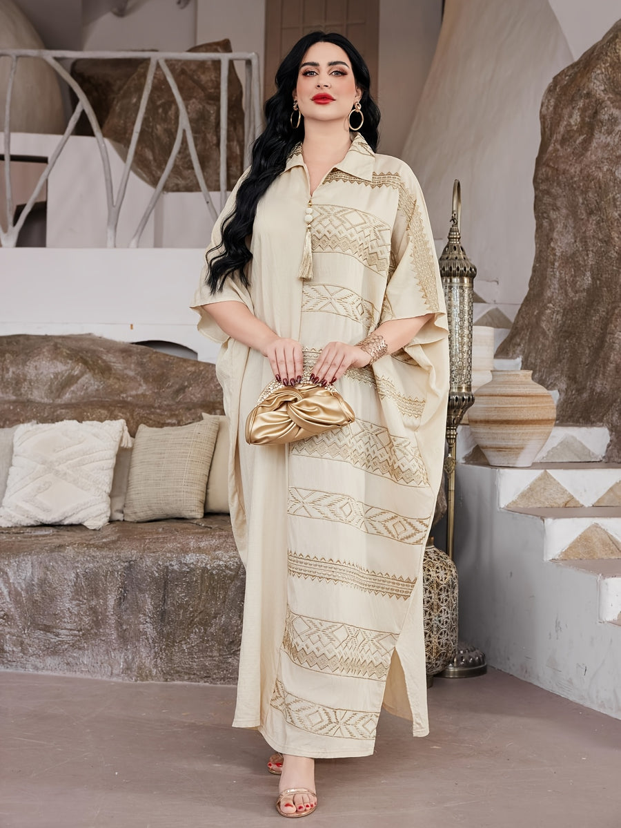 Targeted Heavy Industry Golden Silvery Embroidered Arabic Women'S Dress, 2026 Summer Autumn Style Women'S Holiday Party Attire, Jalabiya Ruffled Lapel Batwing Sleeve Hem Slit Square Asymmetrical Geometric Atmospheric Black Robe - Apricot