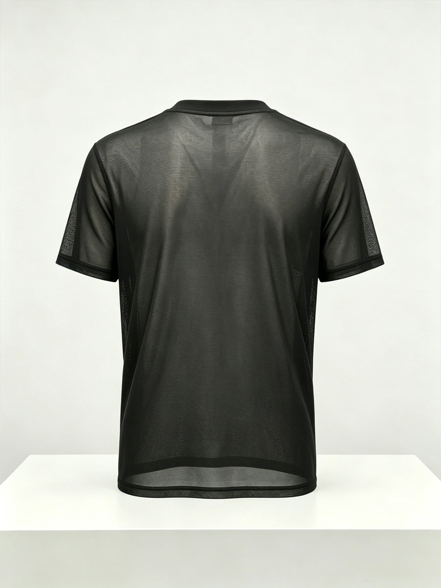 Men's Geometric Triangle Small Logo Mesh Short Sleeve Cooling Quick-Dry Loose Fit Crew Neck Sports T-Shirt - Black