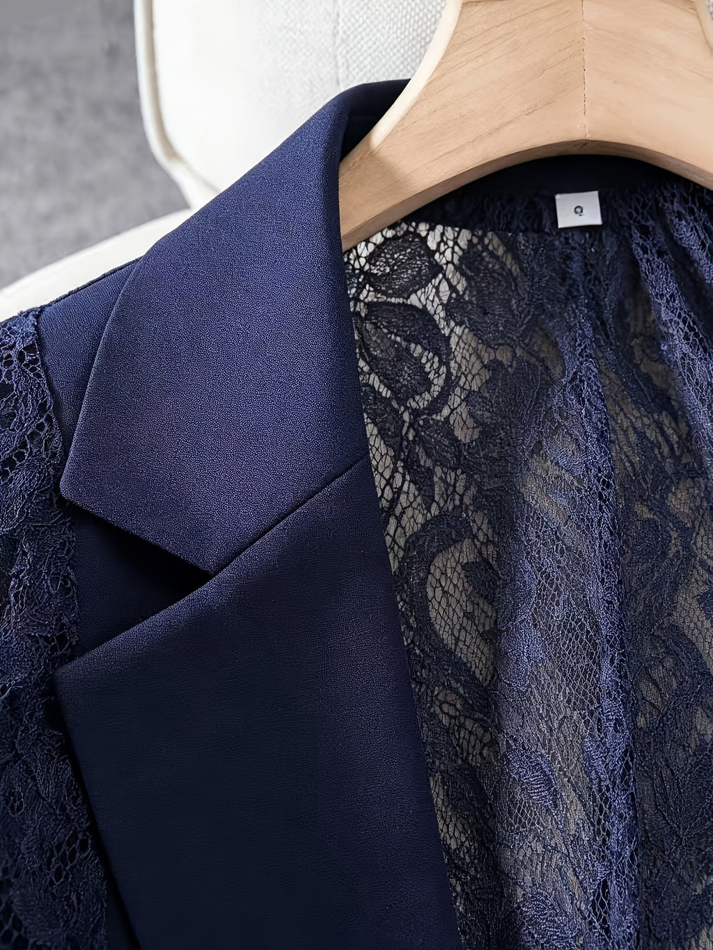 Women'S Thin Patchwork Lace Lightweight Suit Design Casual Temperament Three-Quarter Sleeve Casual Lapel Suit Top - Navy Color