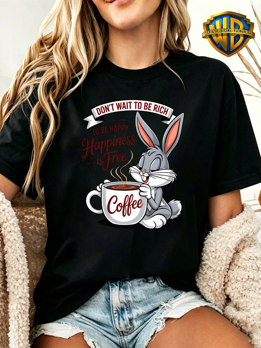Genuine Le Yitong Rabbit 8-Ball Coffee Theme Women'S Short Sleeve, Vintage English Slogan Cartoon Print American Casual All-Match Daily T-Shirt Top - Black
