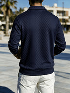Premium Rhombus Men's Long Sleeve Polo Shirt with Notched Lapel and Small V-Neck Design, a Top for Men's Commuting and Party Wear (Texture Random) - Navy Color
