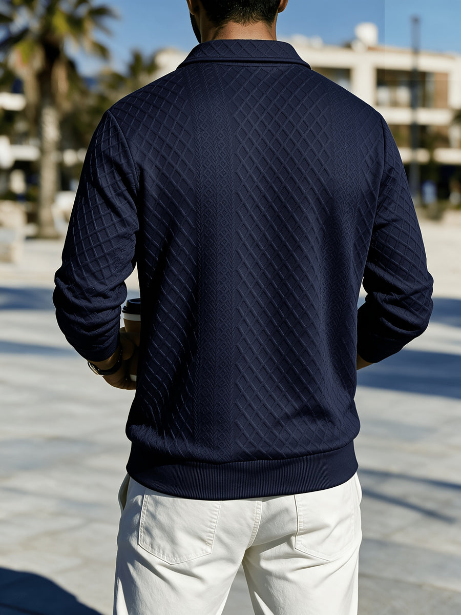 Premium Rhombus Men's Long Sleeve Polo Shirt with Notched Lapel and Small V-Neck Design, a Top for Men's Commuting and Party Wear (Texture Random) - Navy Color