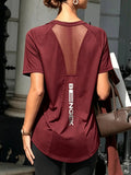 Mesh Panel Backless Athletic Top with Vertical Letter Print, Breathable Fitness Running Yoga Casual Versatile Short Sleeve T-Shirt for Women - Burgundy