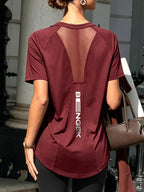Mesh Panel Backless Athletic Top with Vertical Letter Print, Breathable Fitness Running Yoga Casual Versatile Short Sleeve T-Shirt for Women - Burgundy