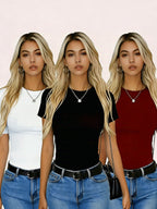 3pcs, Women'S Short Sleeved T-Shirt Summer Crop Top Basic Style Slim Fit, Shopping, Dating, Y2K Clothing - White+Dark Red+Black