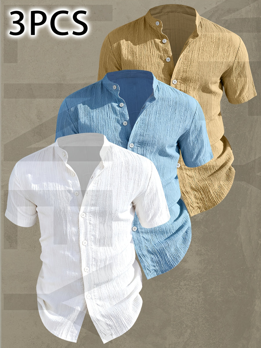 [Uomo Le Mi OBM] 3pcs Men'S Summer Short Sleeve Shirts | Lightweight Breathable Solid Color Button-Up Casual Shirts with Stand Collar, Machine Washable for Beach Vacation, Pool Party & Casual Attire, High Quality, Dad Christmas Gifts, Slim Fit, Daily - Mixed Color 10