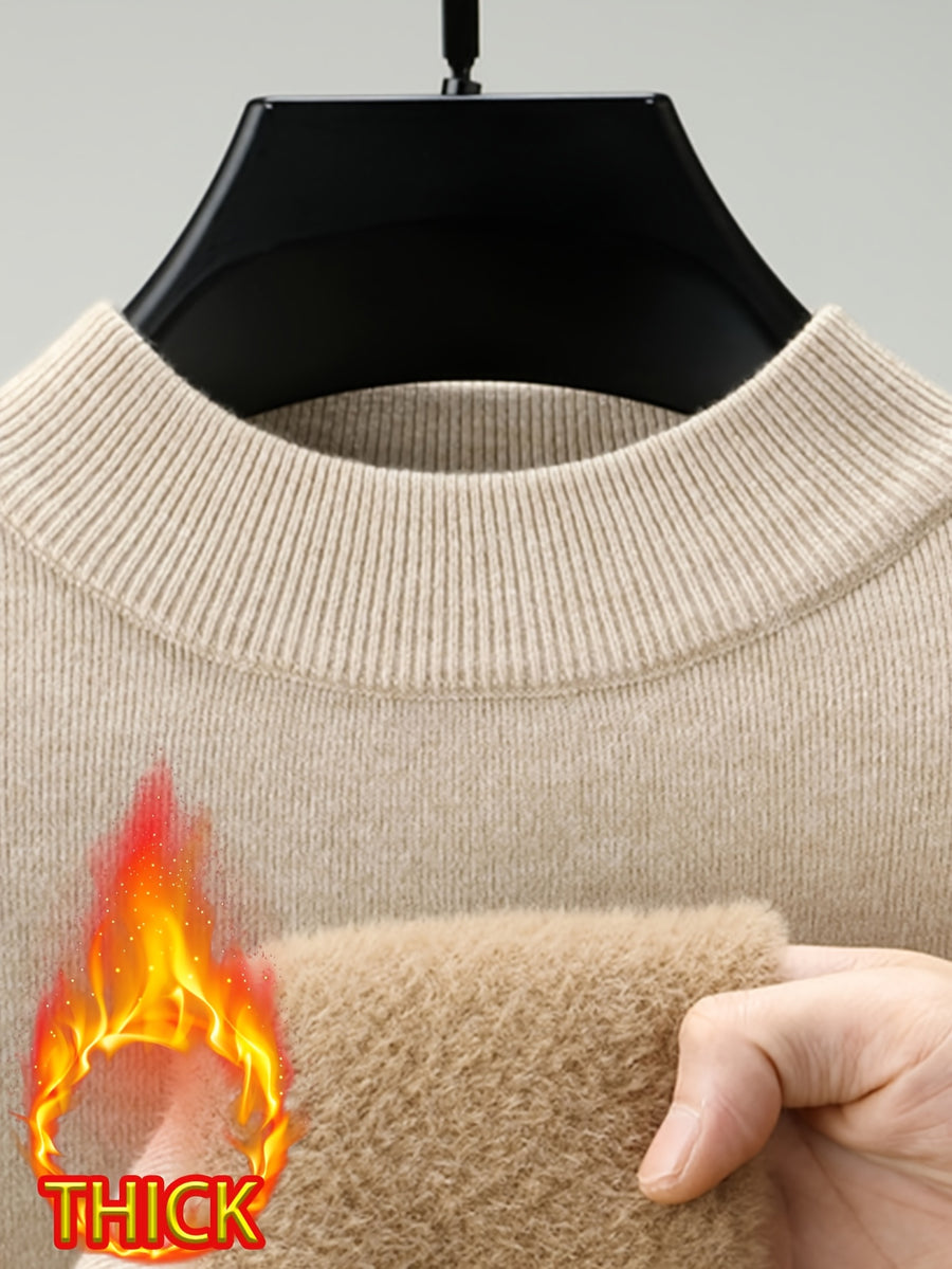 Men's Half-Turtleneck -Lined Thickened Warm Sweater, Featuring a Classic Half-turtleneck Design That Fits Snugly Around the Neck for Wind Protection and Warmth. Solid Color, Simple and Versatile, Suitable for Both Commuting and Daily Wear - Yami Camel