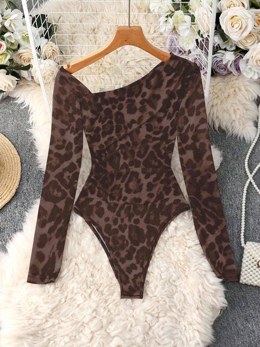 Women's Leopard Print One-Shoulder Bodysuit, Slim Fit, Tight, Sexy Hot Style, Versatile Inner Top for Nightclub and Date Atmosphere - Mixed Color 1