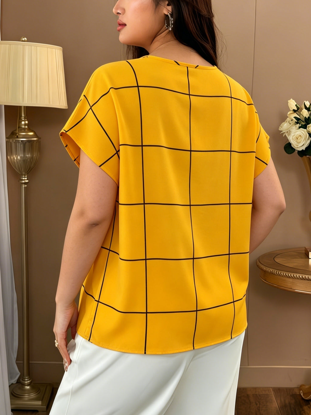 Large Plaid V-Neck Batwing Sleeve Short-Sleeved Chiffon Shirt, Minimalist Commuter Style Shirt, Versatile Temperament Top, Minimalist Commuter Style, French Relaxed Style - Huang Ge