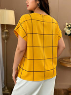 Large Plaid V-Neck Batwing Sleeve Short-Sleeved Chiffon Shirt, Minimalist Commuter Style Shirt, Versatile Temperament Top, Minimalist Commuter Style, French Relaxed Style - Huang Ge