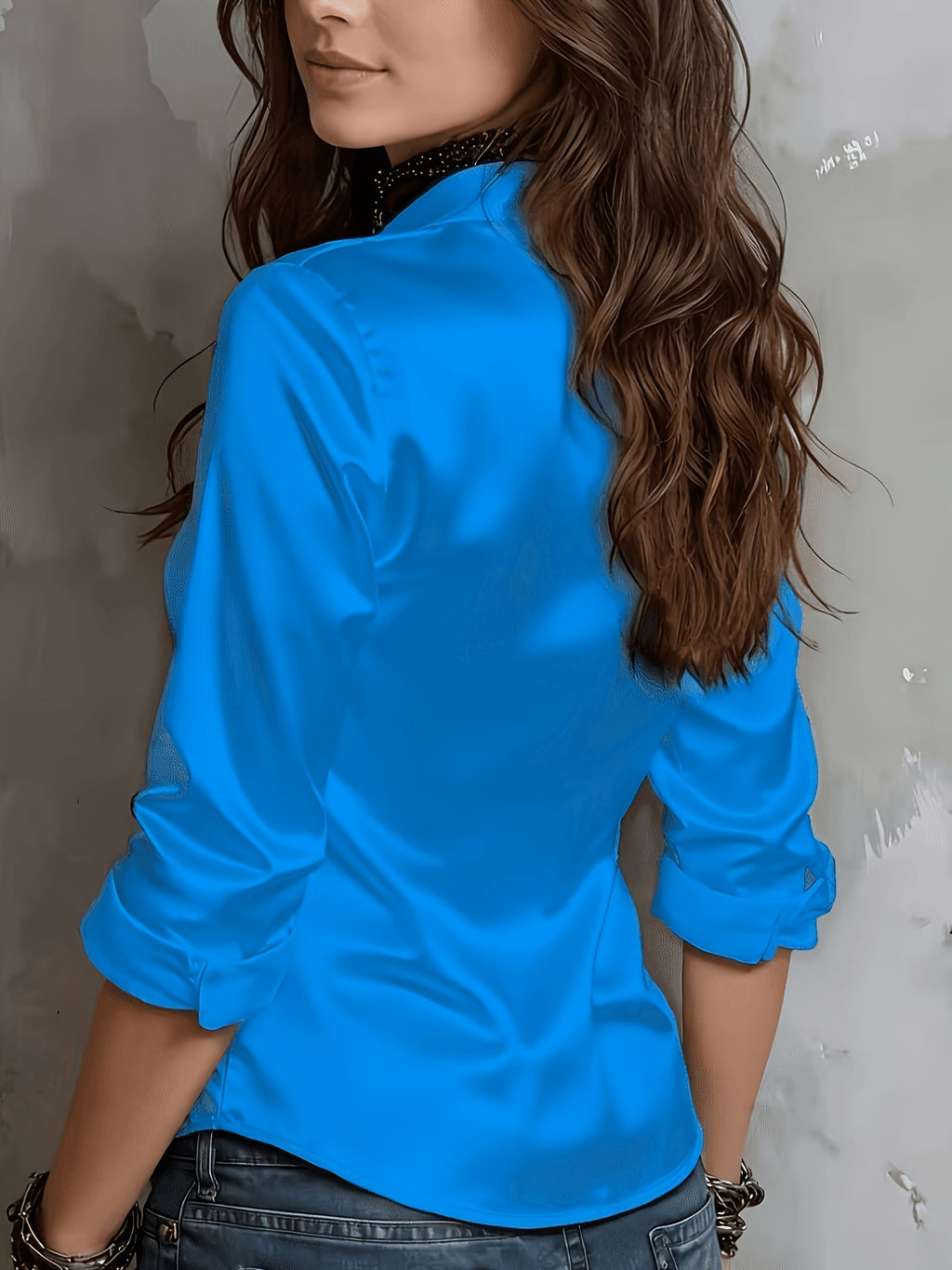 Women'S All-Season Temperament Commuter Satin Shirt - Sky Blue