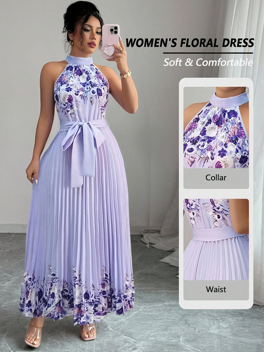 Fashionable New Women'S Summer Halter Floral Print Pleated Dress - Purple