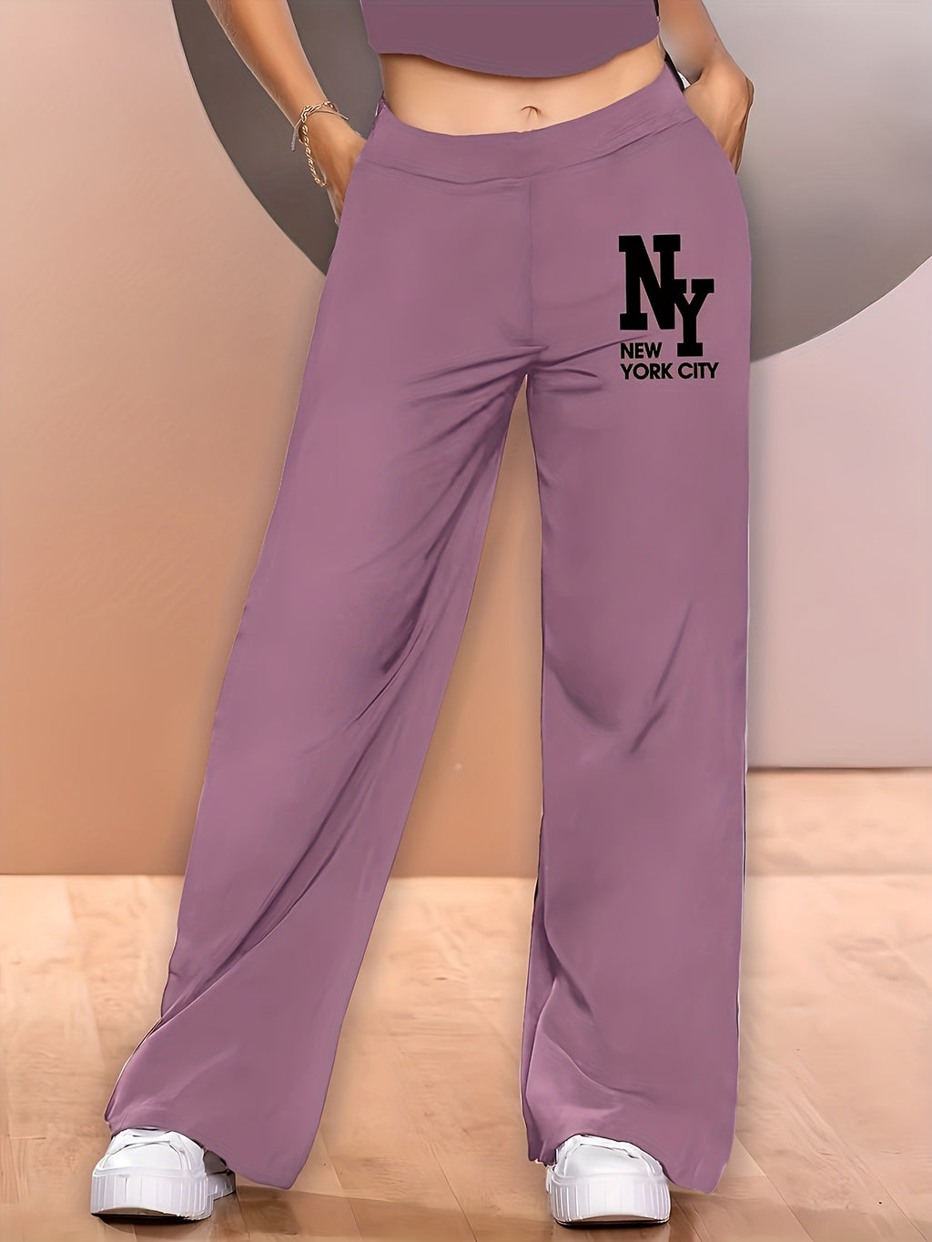 Elegant - 2pcs Women's Wide-Leg Casual Pants, Summer Lightweight Style, Letter Print - Classic Black + Peach
