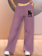 Elegant - 2pcs Women's Wide-Leg Casual Pants, Summer Lightweight Style, Letter Print - Classic Black + Peach