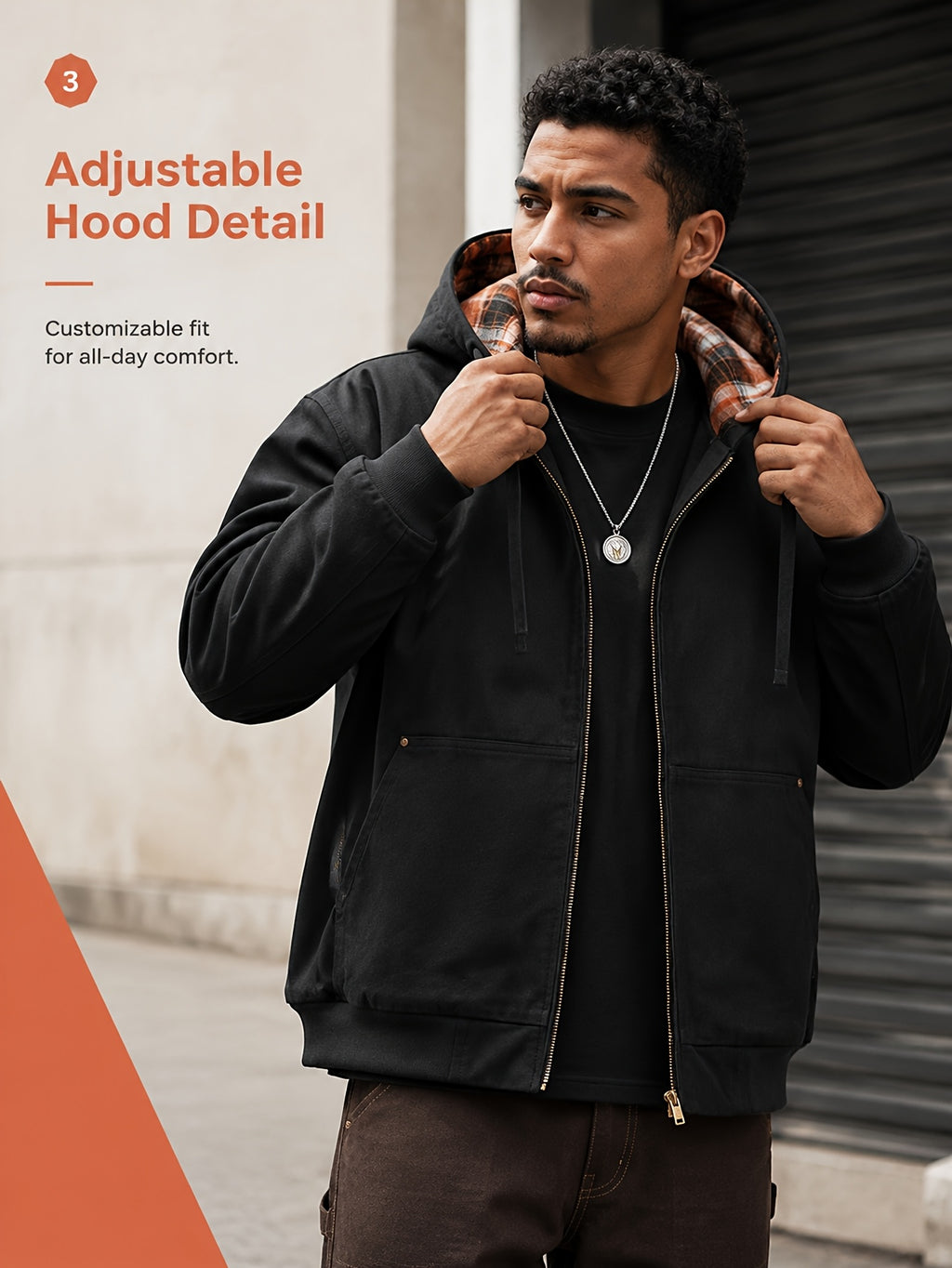 Men'S Full-Zip Hooded Jacket, Non-Removable Hood with Plaid Lining, Drawstring Hood Design, Large Kangaroo Pockets, Ribbed Cuffs And Hem, Loose Fit, Urban Street Casual Cargo Jacket - Black