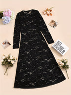 Women's Elegant Lace Semi-Sheer Dress Suitable for Winter - Long Sleeve -Line Dress with Oversized, Round Neck Formal Dress for Weddings, Church Events & Special Occasions - Black