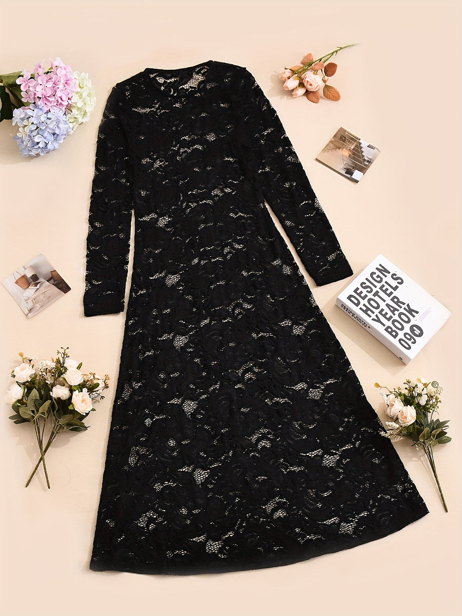 Women's Elegant Lace Semi-Sheer Dress Suitable for Winter - Long Sleeve -Line Dress with Oversized, Round Neck Formal Dress for Weddings, Church Events & Special Occasions - Black
