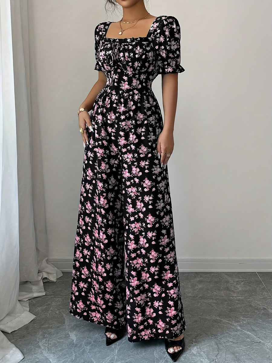 Women'S Elegant Vacation Style Waist-Cinching Printed Jumpsuit, Summer Jumpsuit, Wide-Leg Printed Jumpsuit, Long Length Printed Jumpsuit - Pink Color