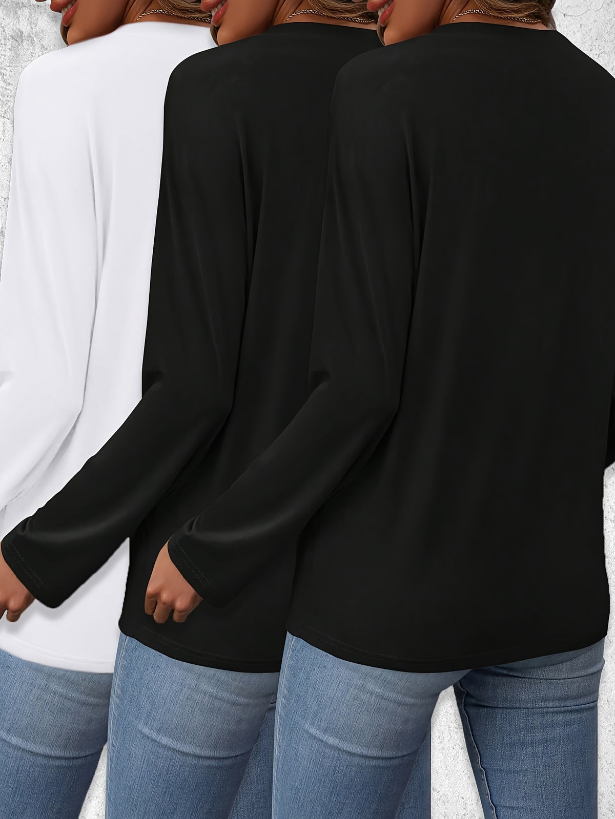 3pcs Long Sleeve Solid Color Women'S T-Shirts, Casual Holiday Outing Versatile Fall Winter Top Round Neck - 2 Black + 1 White