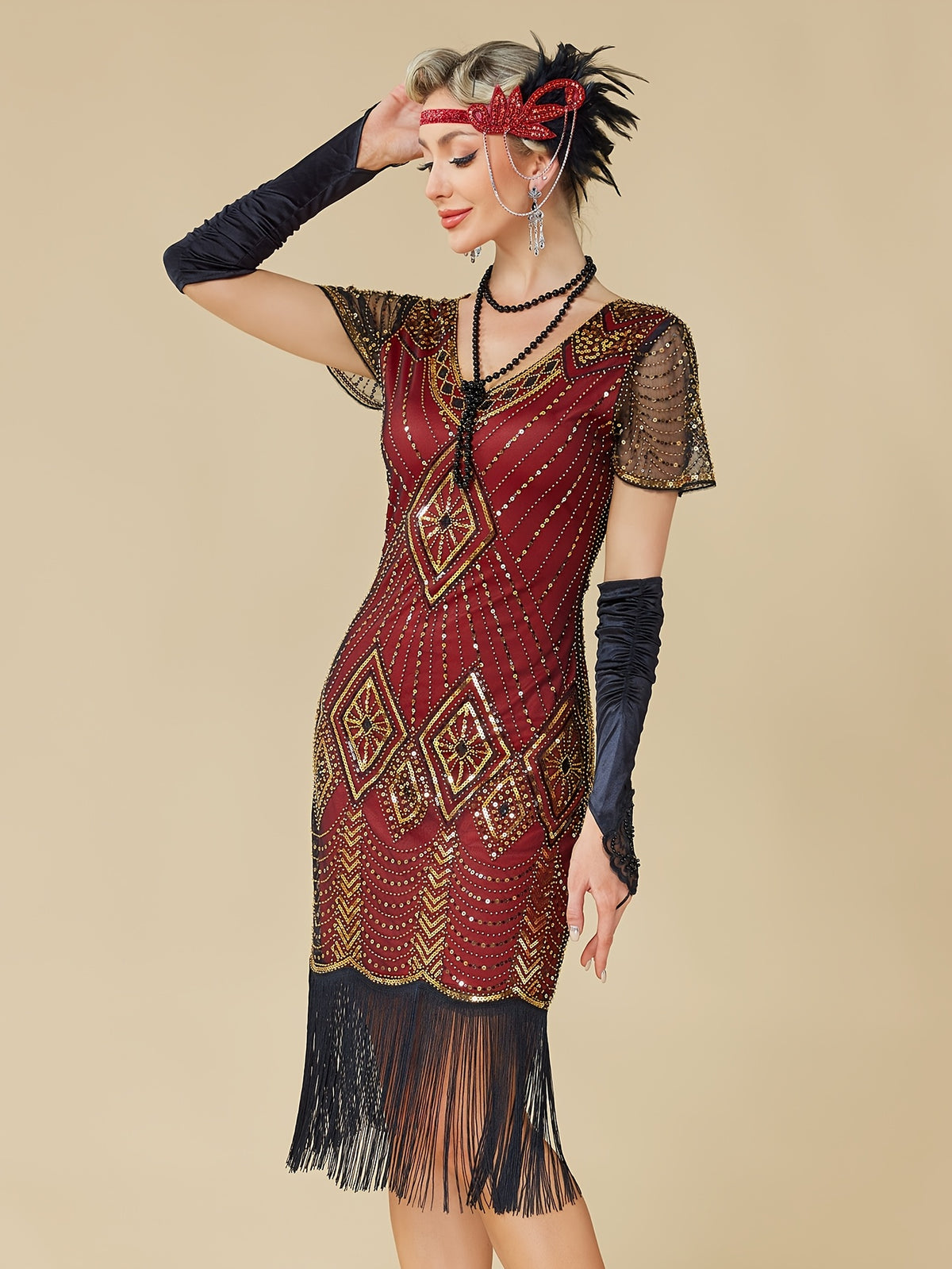 1920S Vintage Sequin Skirt Gatsby Ball Fringe Dress Party Evening Dance Dress Sequined Gown (Dress Solely, No Gloves) - Golden Red