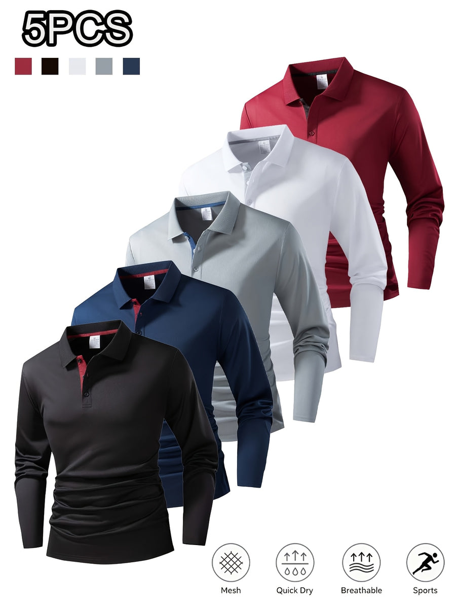 5pcs Men'S Long Sleeve Polo Shirts, 150GSM Lightweight Quick-Dry Breathable Golf Shirts, Contrast Placket Collar T-Shirt Men, Work Shirts, High-Quality Golf Clothing for Outdoor Training, Travel, Business Casual, Spring And Fall - Black + Navy Blue + Gray + White + Wine Red