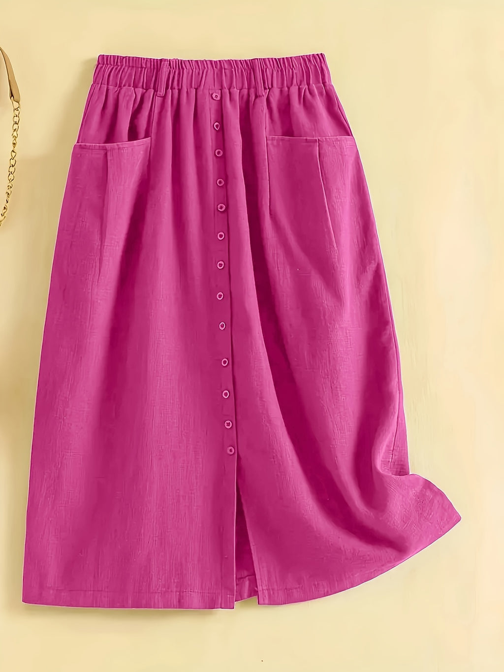 Spring/Summer/Autumn Lightweight Korean-Style Vintage Linen Loose Skirt with Elastic Waistband and Pockets, Mid-Length Women's Skirt - Rose Red
