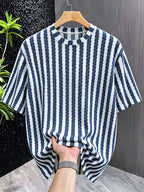 [Villa Le Water OBM] Back to School Season Men'S Wavy Striped Round Neck Short Sleeve T-Shirt Textured Fabric Summer Loose Breathable Casual Top Retro Contrast Striped Short Sleeve - Blue
