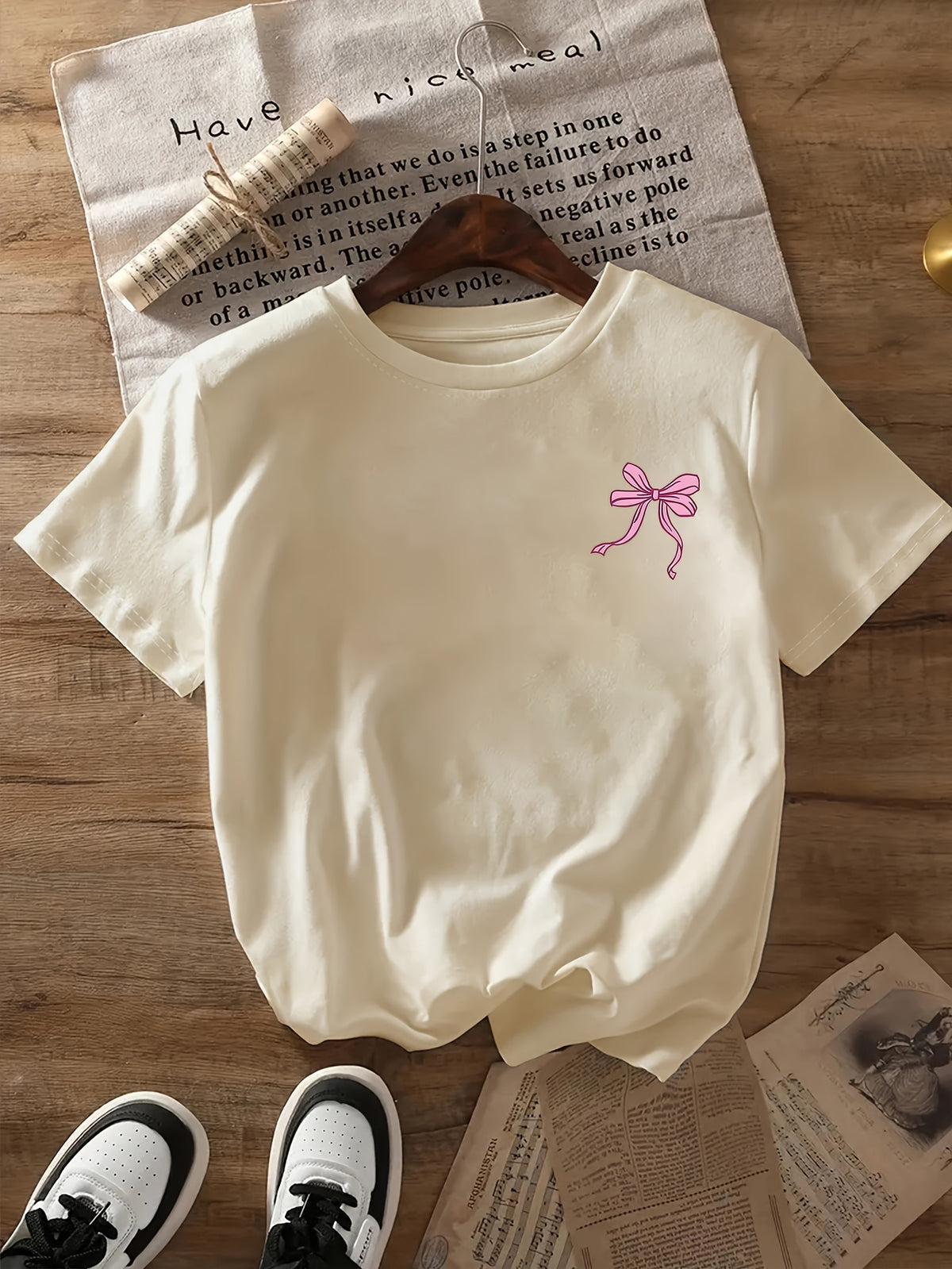 2026 Fashion New Women'S Round Neck Cute Bow Art Letter Print Trendy Summer Cool Short Sleeve Summer Casual T-Shirt Double-Sided Print - Khaki