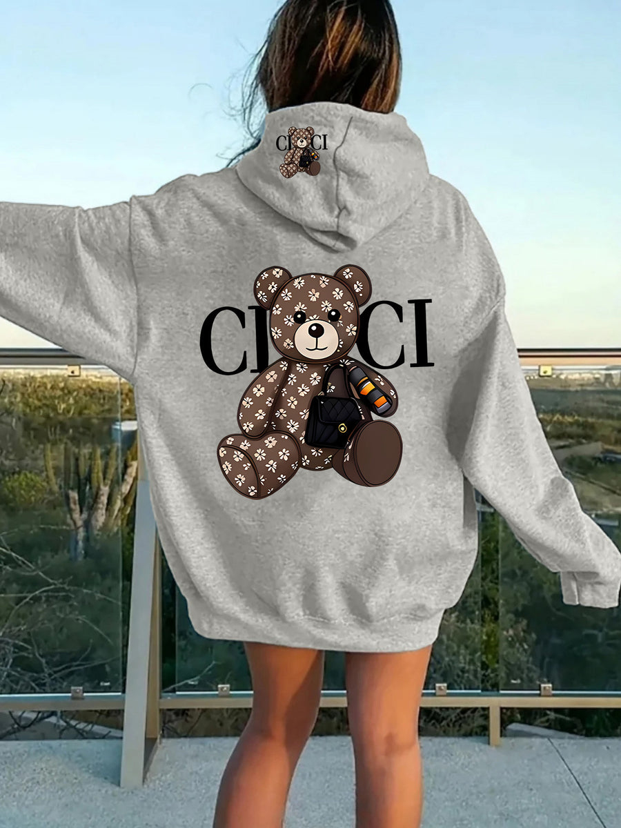 Women Hoodie Sweatshirt, Retro Floral Bear Letter Graphic Pullover Top, Casual Loose Fit Trendy Cartoon Hooded Sweatshirt, S-XXL - Light Grey
