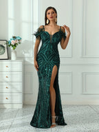 Elegant Evening Dress For Women | V-Neck, Geometric-Pattern, Extra-Long, Details, All-Season - Navy Color