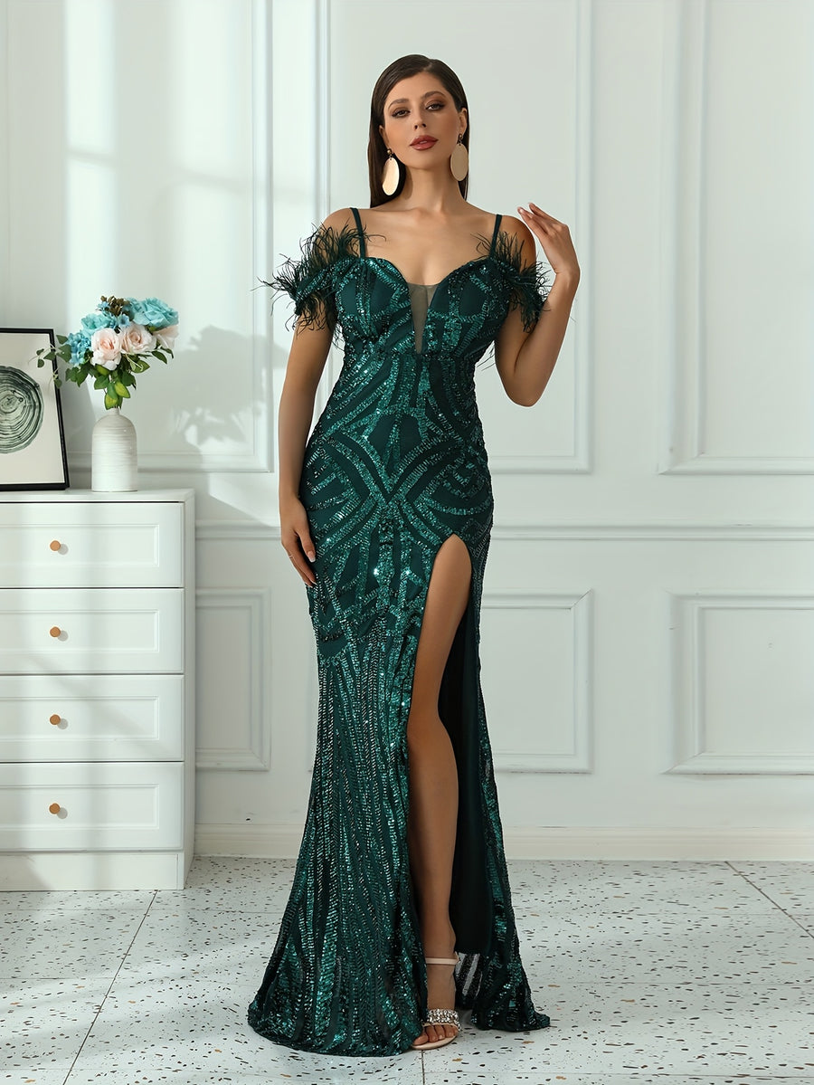 Elegant Evening Dress For Women | V-Neck, Geometric-Pattern, Extra-Long, Details, All-Season - Navy Color