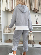 Women's Hooded Patchwork Casual Swear Set, Fashionable Commute Style, Unique Tag Design on Sleeves and Pants, 2-in-1 Look Hooded Top + Pants Set, -Lined for Autumn/Winter, Machine Washable - Silvery Grey