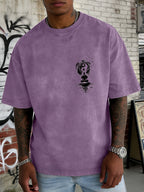 Washed and Distressed Pure Cotton Short-sleeve T-shirt with Trendy Double-sided Print Featuring Tai Chi, Zen, and Meditating Ink Wash Art. Available in 12 Colors for Mix-and-match Styling. Loose-fit Men's Top in High Street Y2K Style - Purple